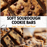 Golden Sourdough Chocolate Chip Snack Bars cut into squares showing soft cookie texture made with sourdough discard.